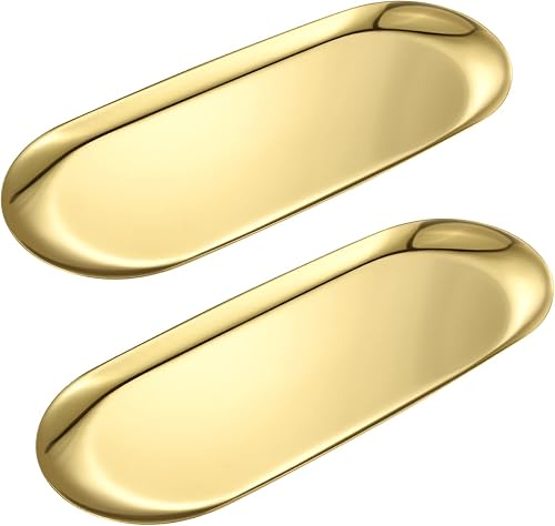 Paquete de 2 bandejas de tocador ovaladas doradas, bandeja de joyería de acero inoxidable, bandeja de baño, bandejas para cosméticos de maquillaje,