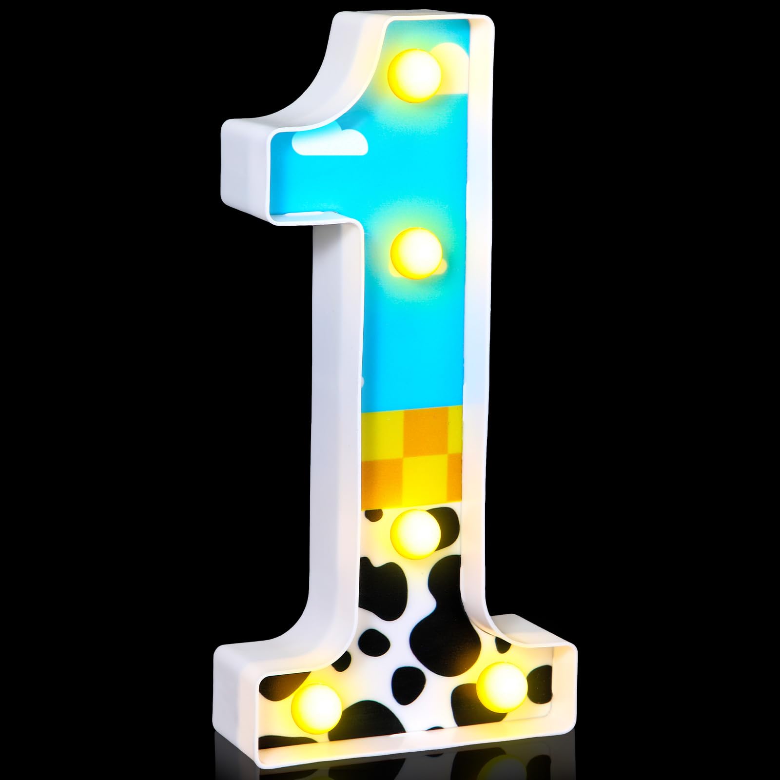 Toy Inspired Birthday Party Supplies LED Light up Number Cartoon Party Decoration Cow Print Blue Sky White Cloud Marquee Glowing Number Sign for Kids 1st Birthday Party (Number 1)