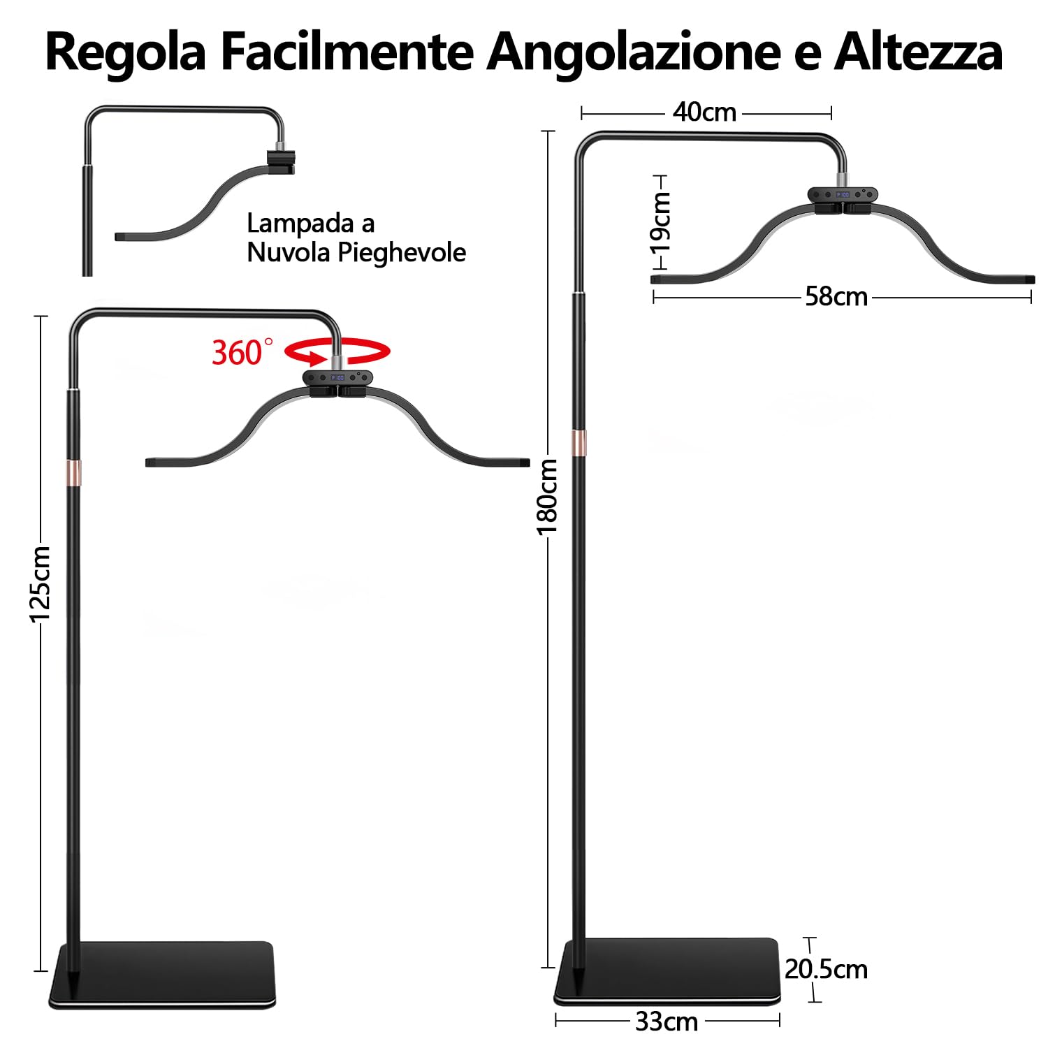 yAyusi Lampada per Ciglia da Terra a Nuvole con Supporto Telefono, Pieghevole Retrattile Lampada per Extension Ciglia, Luce ad Anello di Bellezza a LED Dimmerabile per Cura della Pelle/Tatuaggi (Nero)