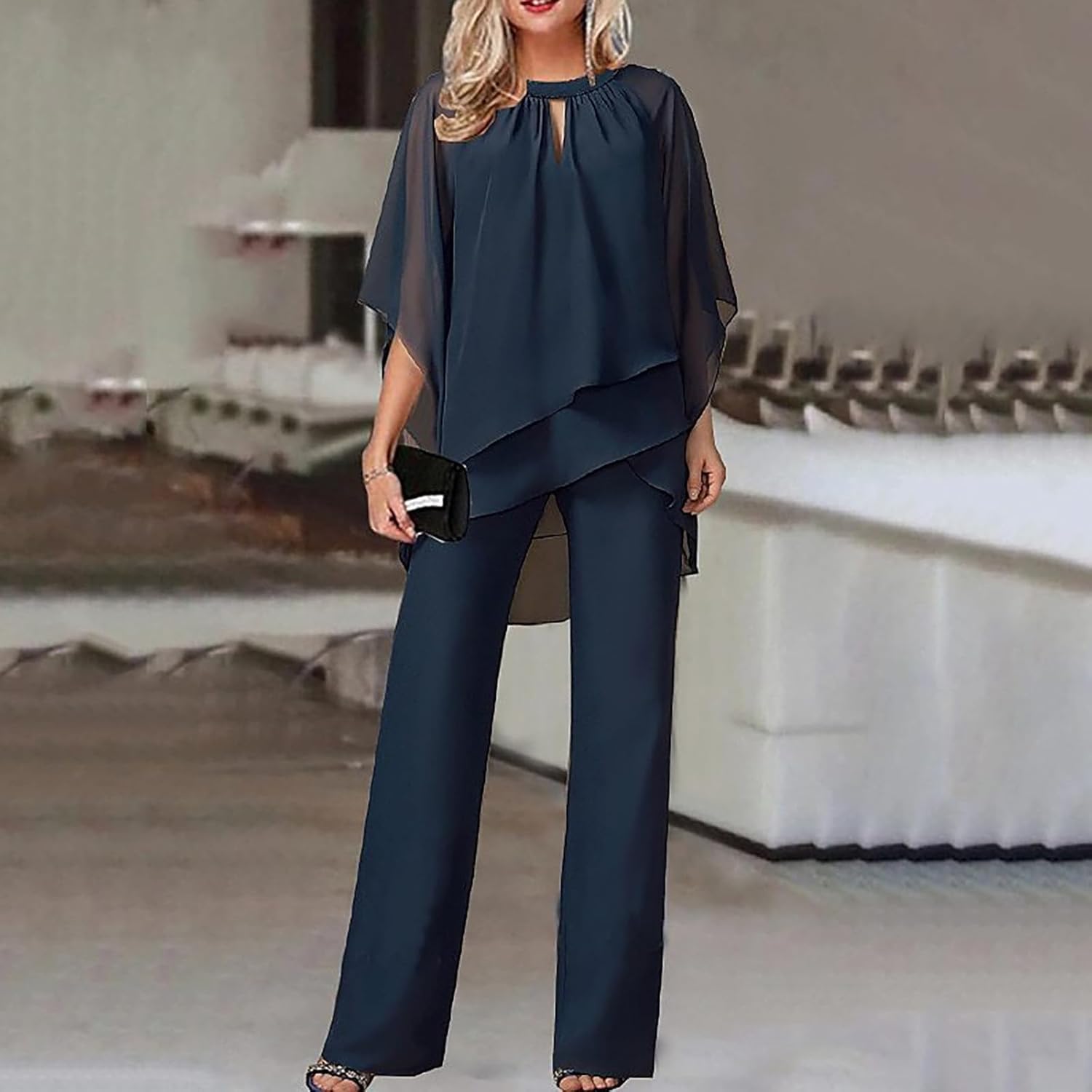 Traje de pantalón para mujer, elegante, para invitados de boda, traje formal de gasa de 2 piezas, talla grande, traje de fiesta de noche, traje de dos piezas, traje de pantalones para madre de la