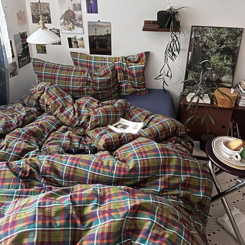 Image of mixinni Buffalo Plaid Duvet Cover Queen Size - 100% Washed Cotton 3-Piece Bedding Set for All Seasons, Retro Grid Design, Soft Breathable Comforter Cover with Zipper Ties for Men, Women-Queen Size