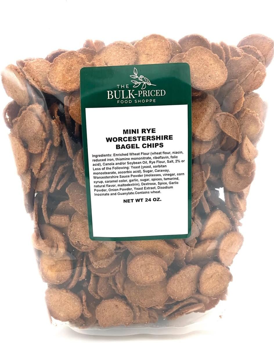 Mini Rye Worcestershire Bagel Chips, Bulk Size, (1.5 lb. Resealable Zip Lock Stand Up Bag)