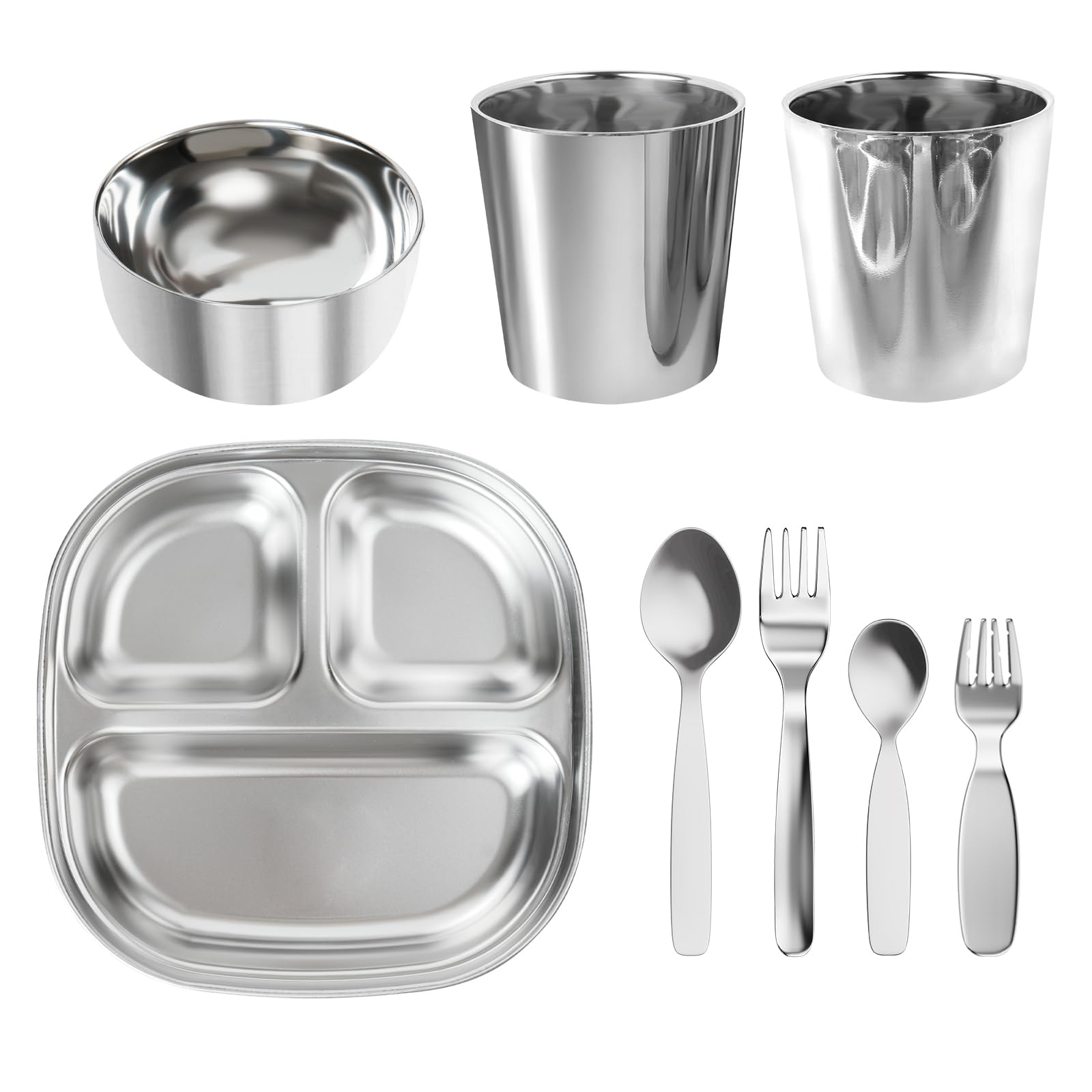 Znbskla Kids Dinnerware Set 8-Piece | Divided Toddler Plates with Spoon Fork | 304 Stainless Steel Baby Feeding Set | BPA-Free Dishwasher Safe | Learning Tableware Kit Gift (CG/8)