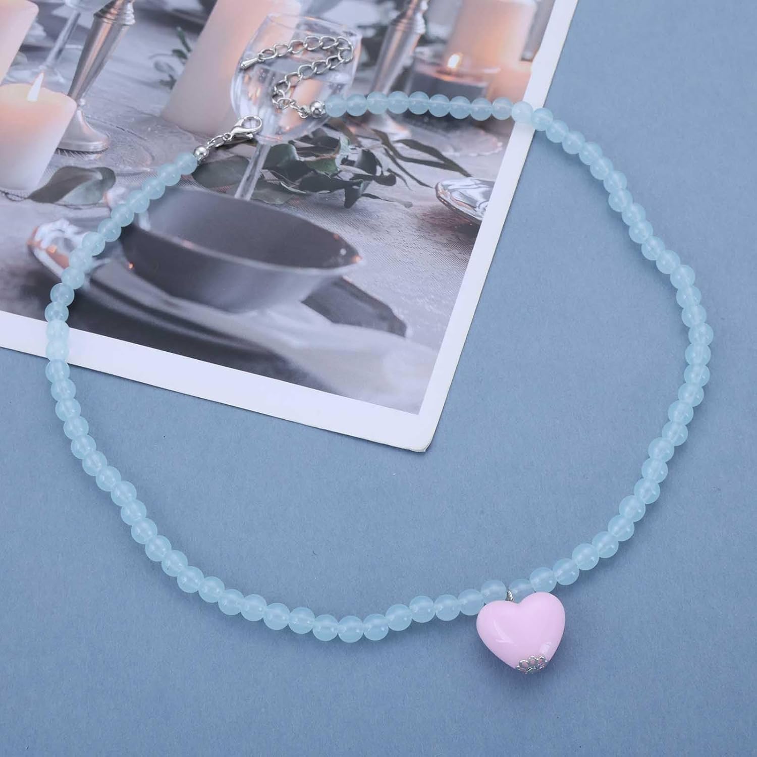 Boho Puffed Heart Pendant Necklace Blue Bead Chain Necklace Pink Resin Heart Necklace Glass Bead Choker Necklace Gemstone Beads Necklace Jewelry for Women - Image 4
