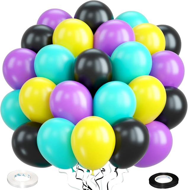 80s 90s Balloons, 60Pcs Matte Purple Yellow Teal Blue and Black Latex Balloons for 90's 80's Women Men Disco Hip Pop Party Music 1980s Throwback Rock and Roll Retro Themed Birthday Party Decorations