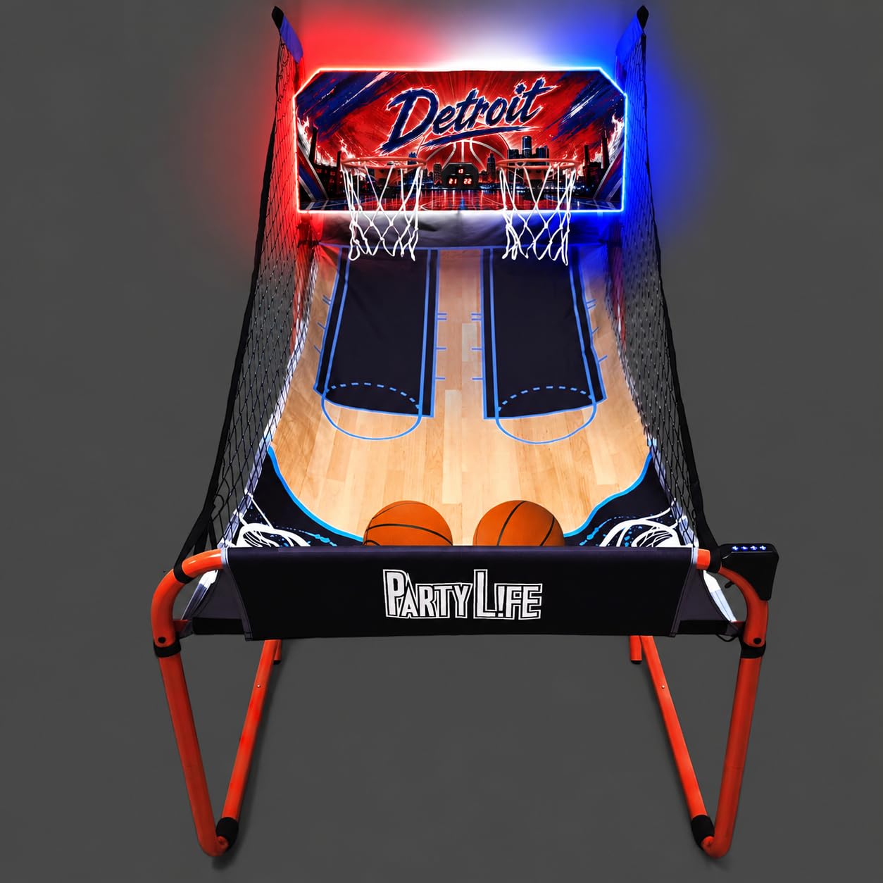 PartyLife 2-Player Basketball Arcade Game w/LED Lights | Electronic Scoring | 5 Balls, 1 Pump, 8 Games | Folding Design | Heavy-Duty Steel Frame