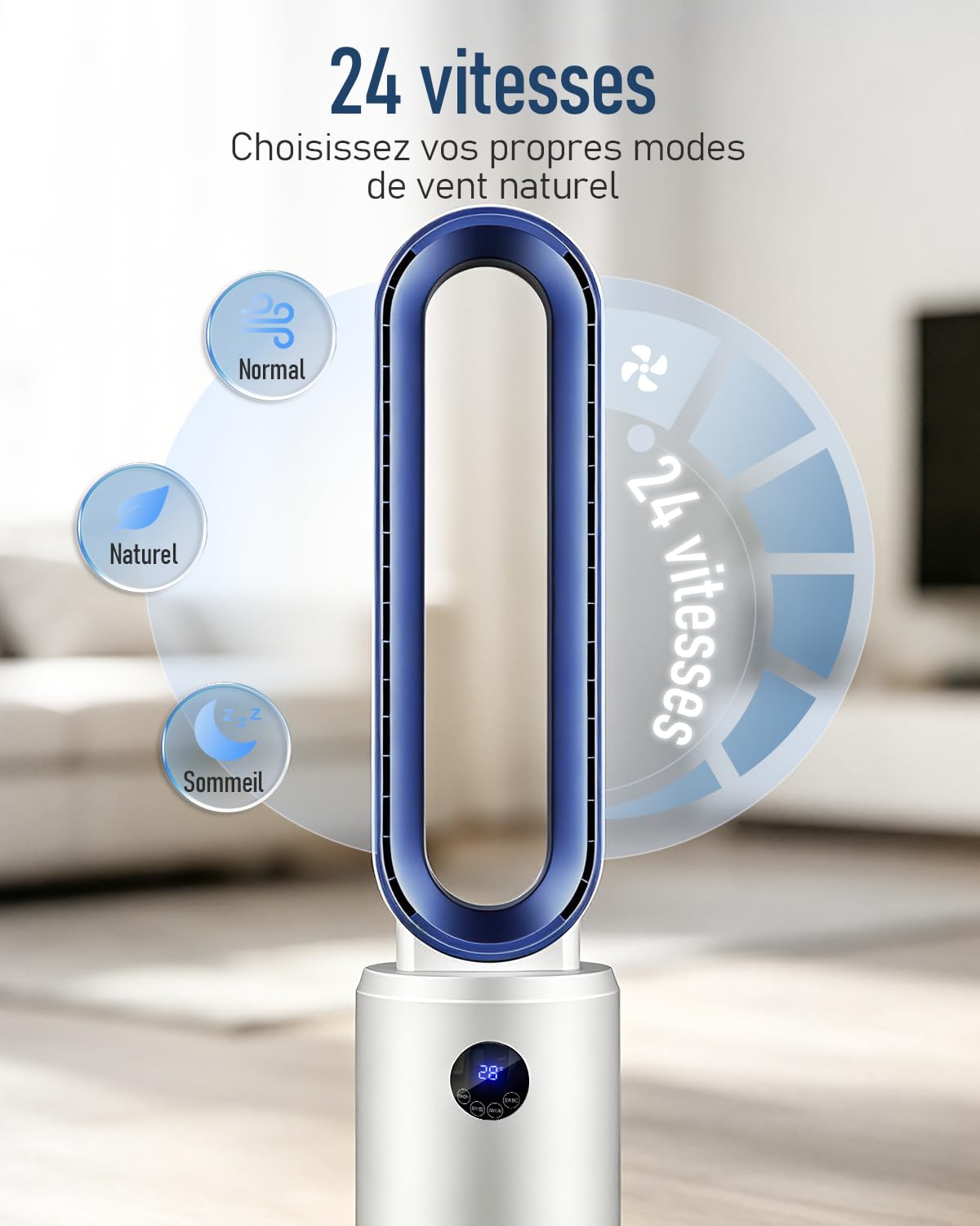 Ventilateur sans Pale - Ventilateur Colonne Silencieux 24 Vitesses avec Télécommande et Minuterie 12h, Moteur DC Écoénergétique, Écran LED Oscillation 60° Purification d'Air pour Chambre
