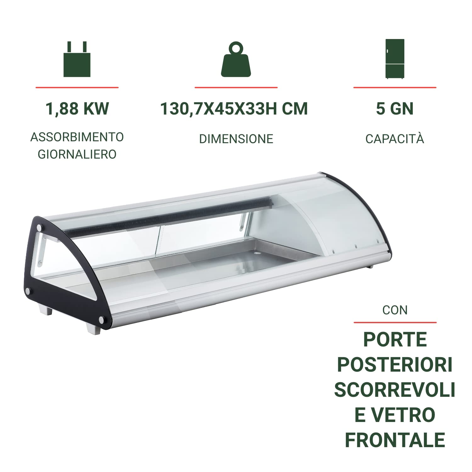 Ristoattrezzature Vetrina Frigo per Sushi da Banco Refrigerata - Vetro frontale curvo apribile - Motore incorporato - Bianca - 5 gn 1/3-130,7x45x33h cm