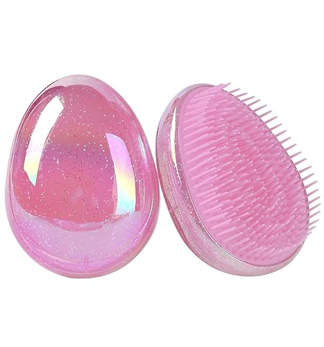 Cepillo de pelo, cepillo desenredante portátil, con forma de huevo con purpurina, nudos antiestáticos, cepillo desenredante de masaje con cojín de
