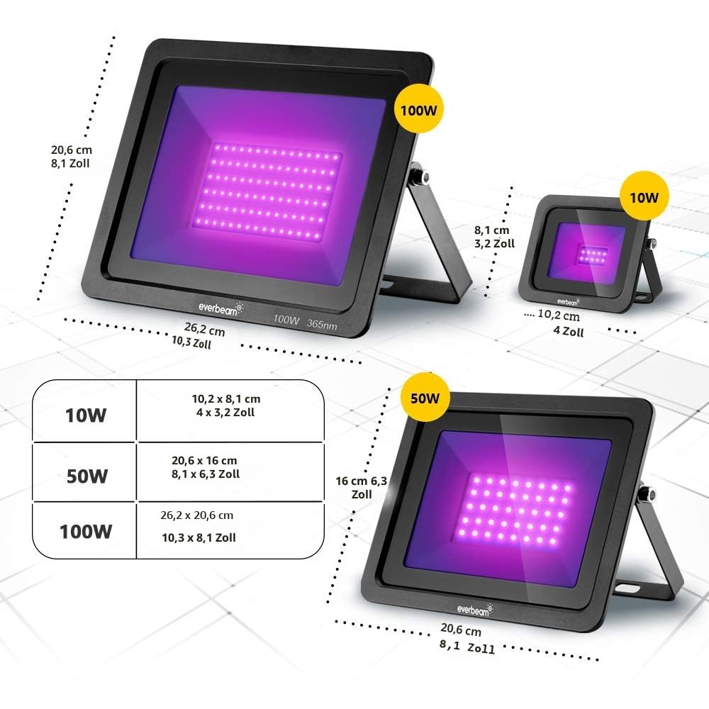 Everbeam 365nm 100W UV-LED-Schwarzlicht - Hochleistungs-LED-Lampen, IP66 wasserdicht - Ultraviolett-Flutlicht für Aquarium, Innen- oder Außenpartys, Bühne - Partyzubehör, Halloween-Dekorationen