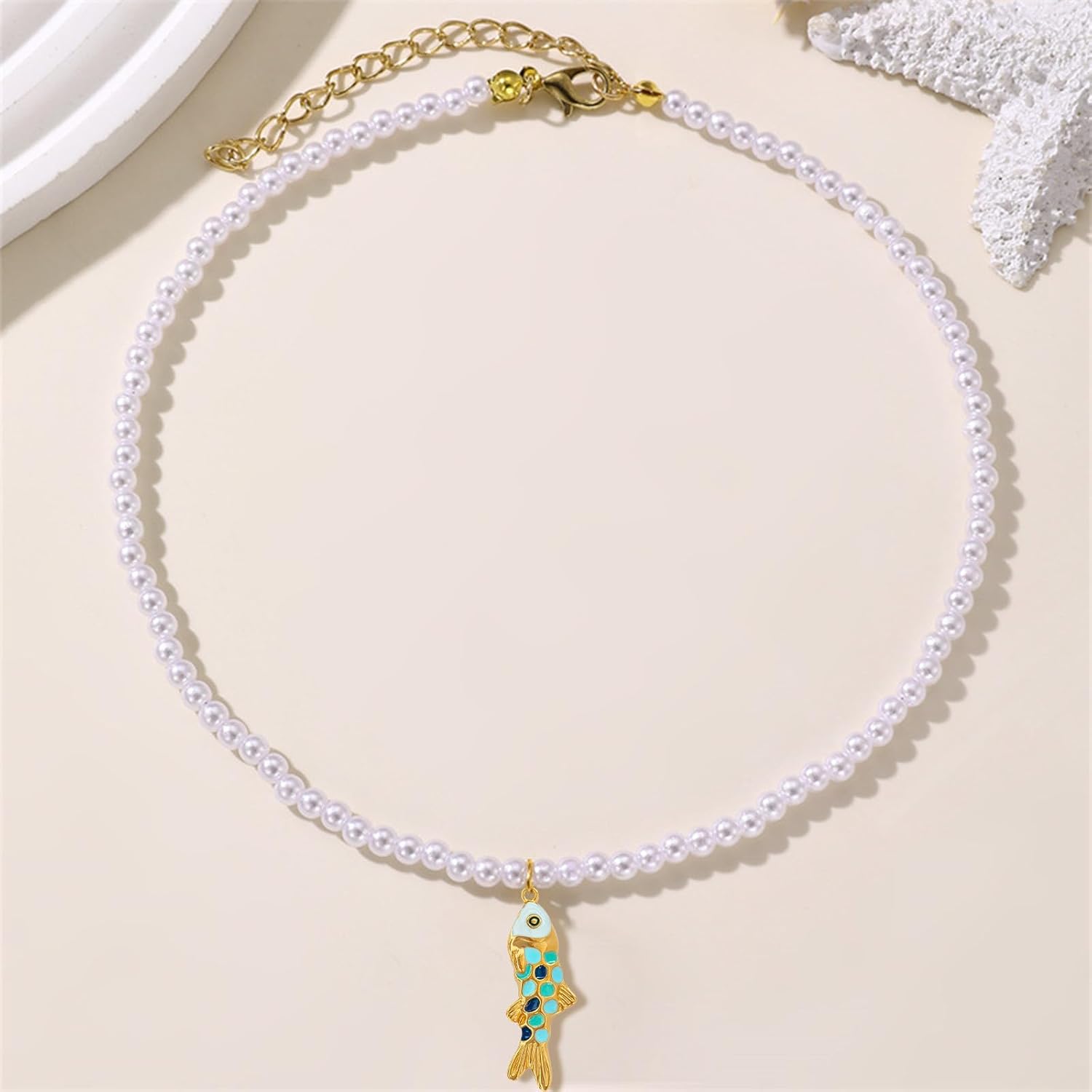 Aonklot Colorful Fish Charm Necklace Pearl Choker Necklaces for Women Cute Fish Jewelry Beach Charm Necklace - Image 7