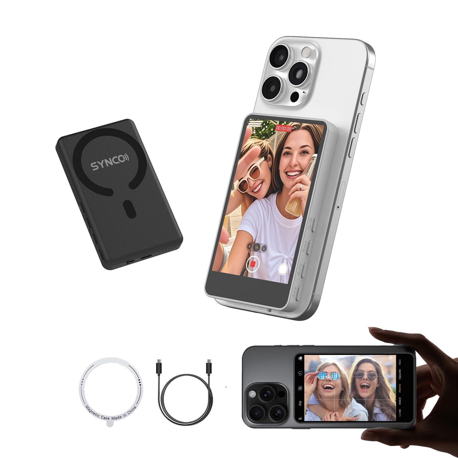 SYNCO XView M4 Selfie Monitor Screen - P2P Direct Connection Ultra-Low Latency Selfie Back Camera Monitor iPhone, with Magnetizing Sheet, 3-Hour Battery Life, Compatible with iOS and Android (Black)