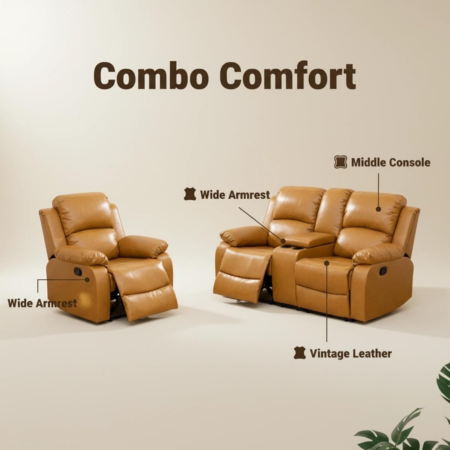 Leather Recliner Sofa Set, Living Room Furniture Set, Adjustable Backrest Reclining Loveseat Sofa with Storage Console & Cup Holders, Manual Recliner Chair for House, Home Theater, Ginger