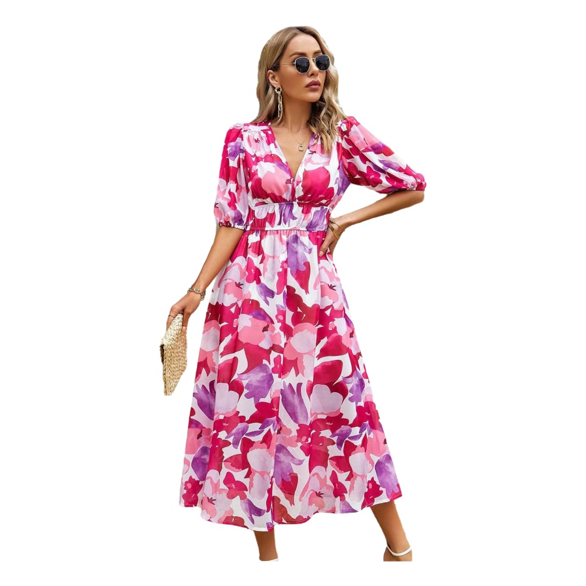 Vestito Donna Donne Floral A-Line Swing Casual Maxi Dress Veste per Maniche Corte A Corte-Rosso-l