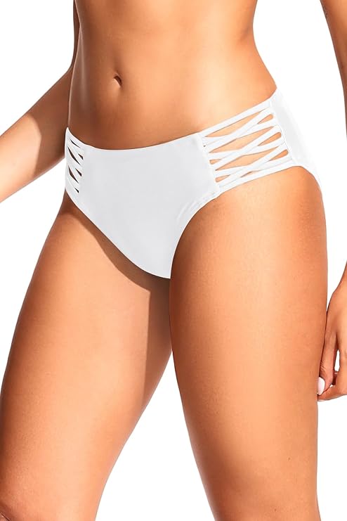 Zmart Strappy Bikini Bottoms - Women's Full Coverage Bathing Suit Mid Waist Swimsuit Bottom