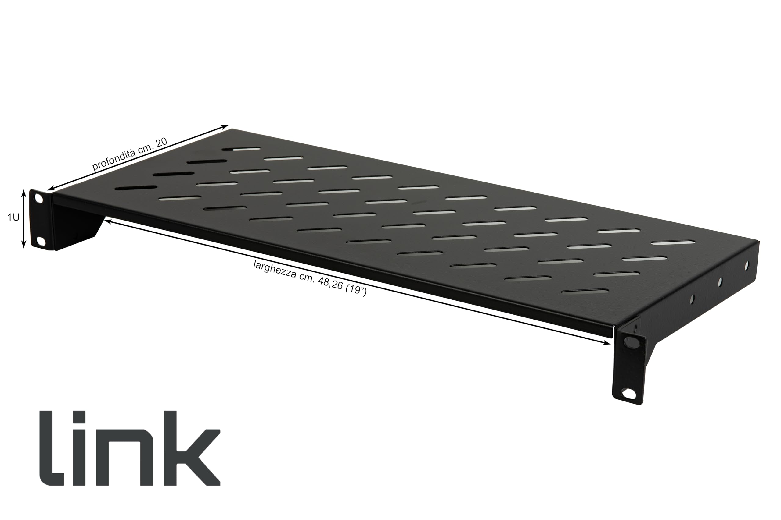 LINK LKRIP200N - Mensola in acciaio per armadio rack 19" (200 mm profondità, nero RAL9005) – Superficie traforata per ventilazione – Portata 30 kg e attacchi frontali universali