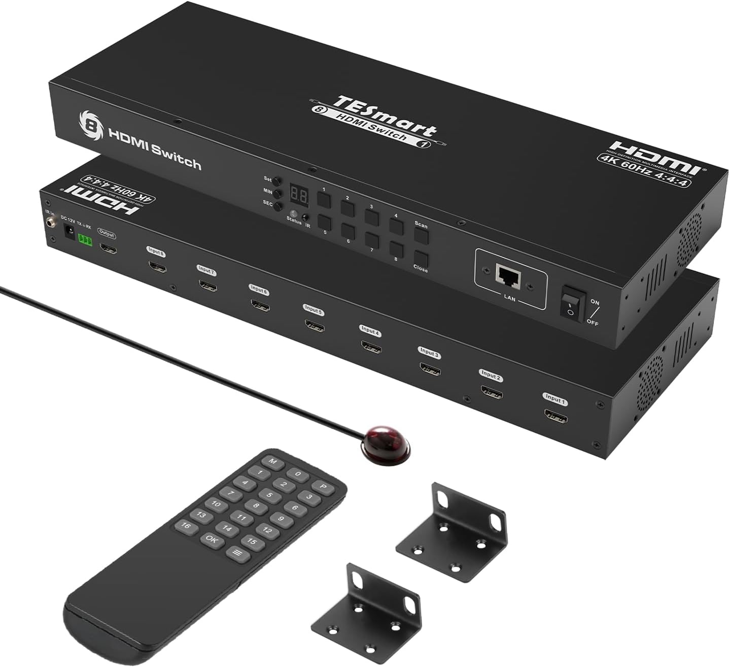 8×1 HDMI Switch 8 in 1 Out 4K @ 60Hz HDCP with 19-inch Rack-Ears | RS-232 / LAN Control | IR Remote Control and Auto Switch | Auto Scan Time Interval - Black