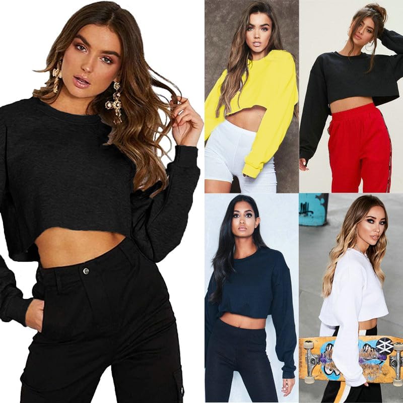 Kyerivs Casual Crop Sweatshirt for Women Crewneck Cropped Shirts Workout Long Sleeve Crop Tops - Image 3