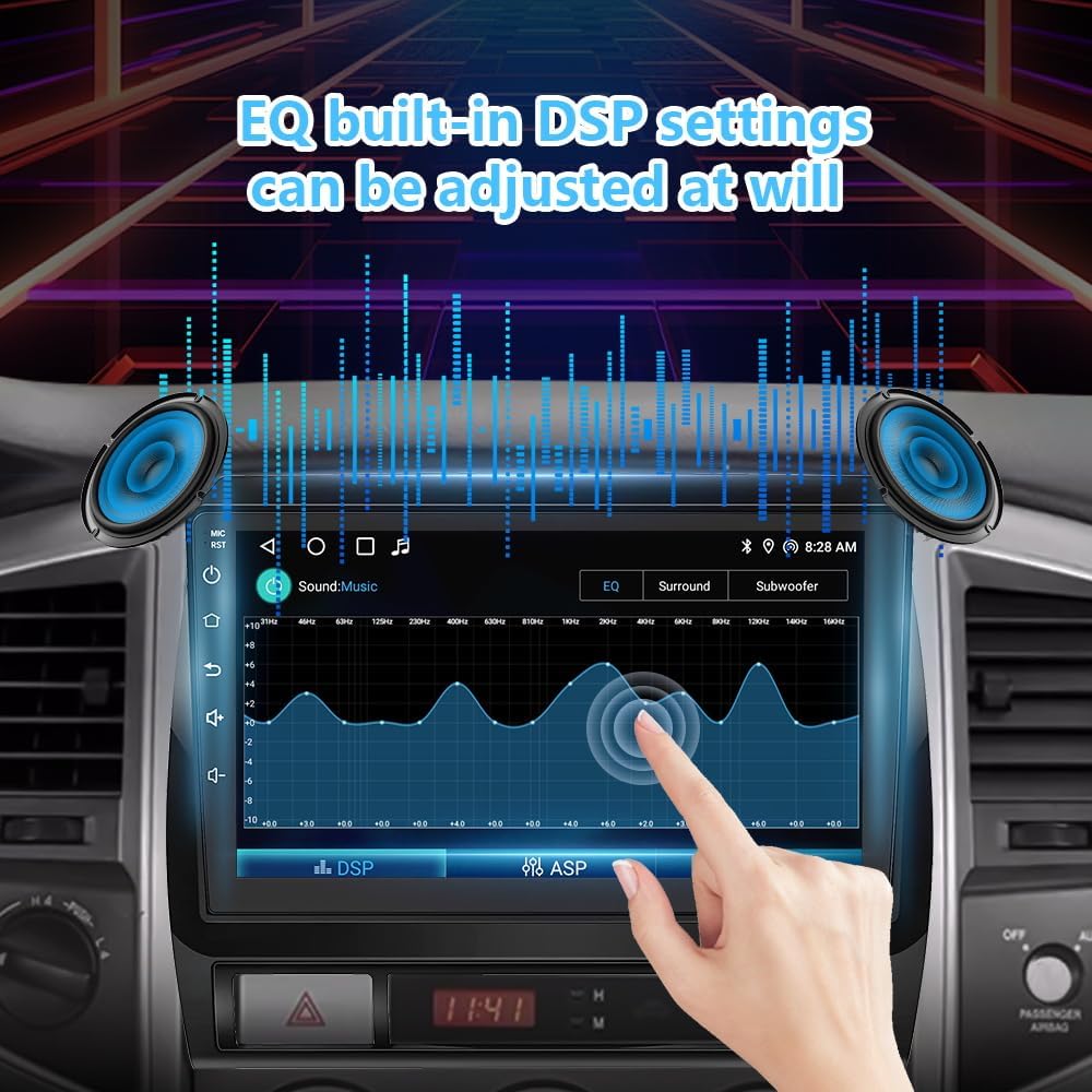 Car stereo screen showing an audio equalizer interface with adjustable frequency bands and DSP settings.