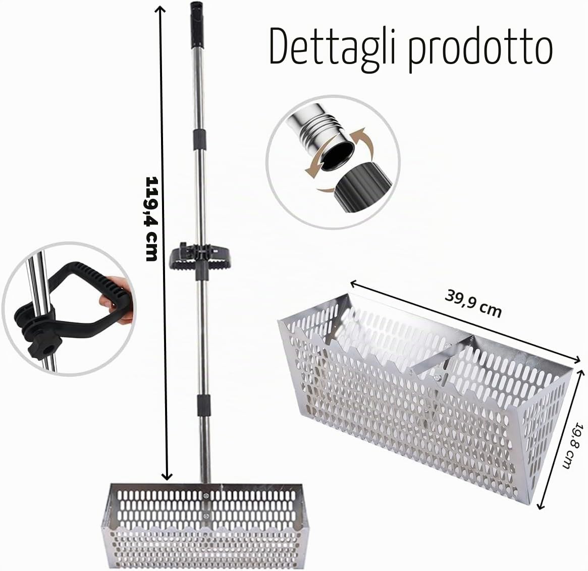 Set di rastrello per pulci, setaccio per sabbia da spiaggia in acciaio inox con cestello largo da 40 cm a denti di squalo, rastrello per sabbia scavato in acciaio al carbonio, rastrelli con manico