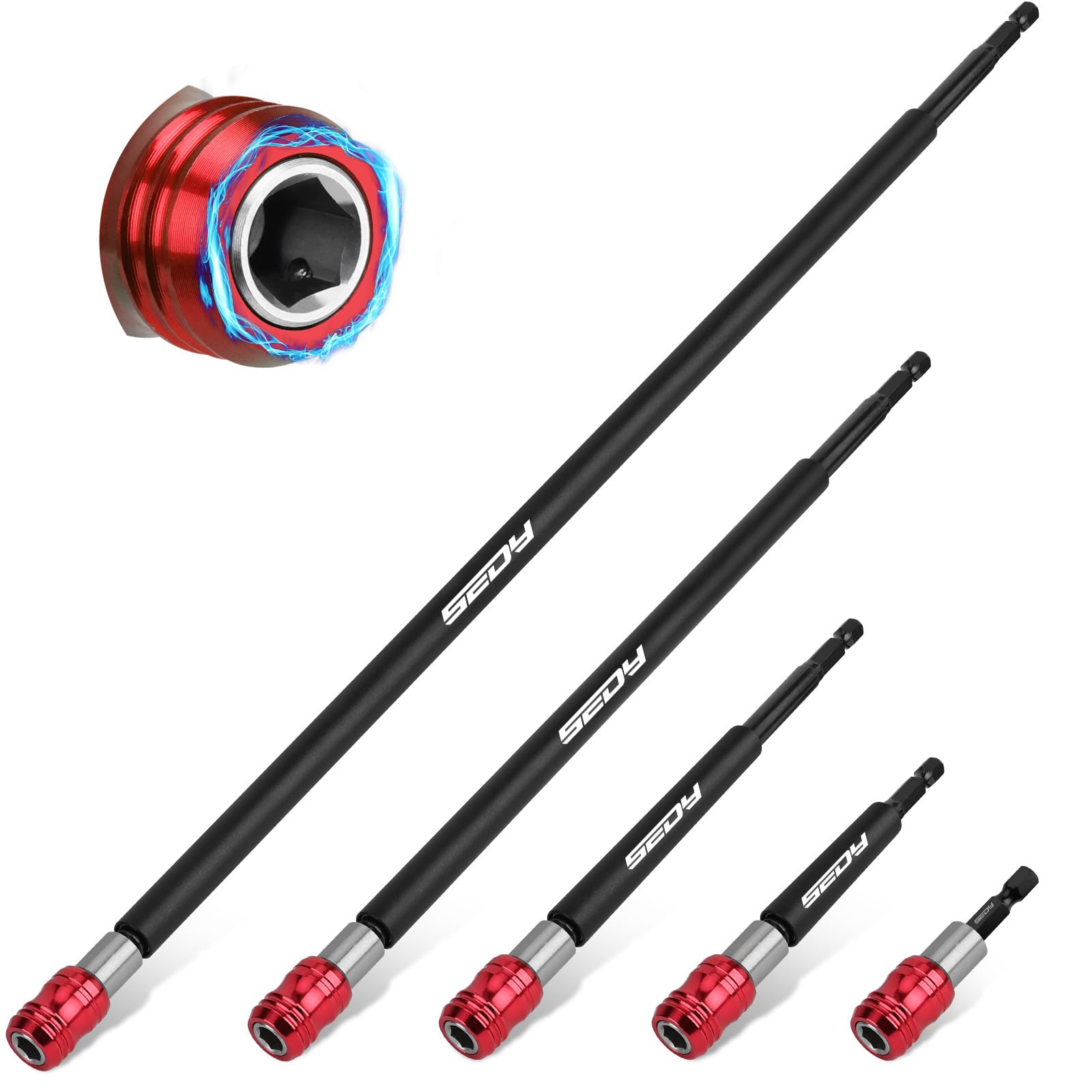 5-Piece 2", 4", 6", 12", 17" Extra Long Magnetic Screwdriver Bit Holders, 1/4 Inch Hex Shank Quick Release Extension Adapter, Durable CR-V Steel, Universal Fit for Impact Driver Bits