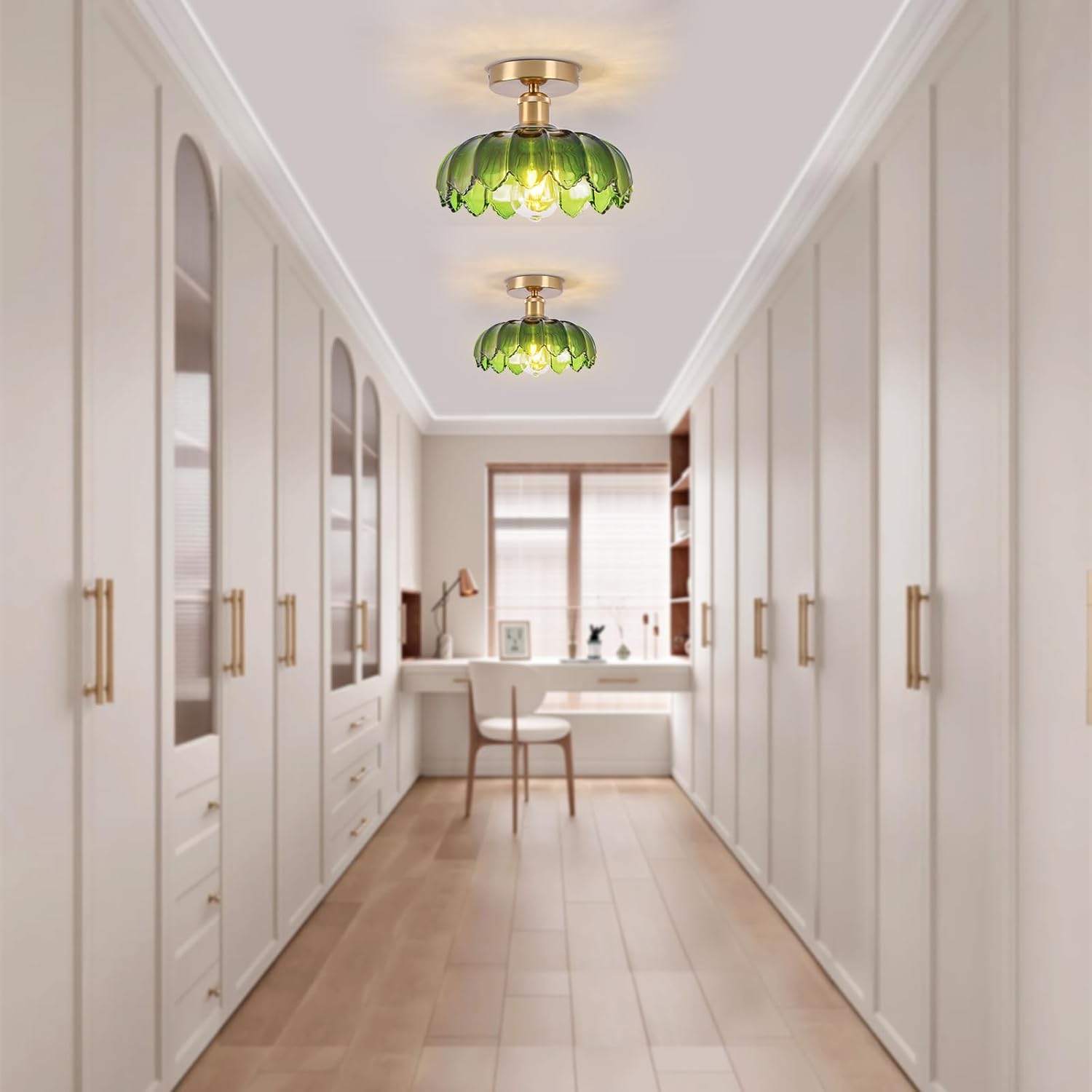 Chandelier, Flush Mount Ceiling Light, Green Glass Shade Light Fixture, 1 Light Lighting Fixture for Bedroom,Dining Room,Kitchen, Hallway (Green 4112GR)