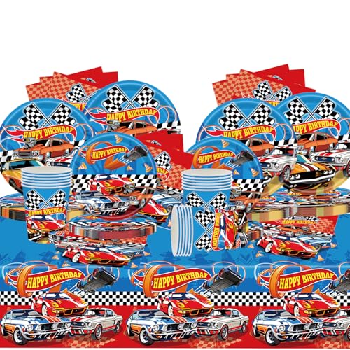 Hot Whels Partygeschirr Set ,81 Stück Car Geburtstagsdeko Partygeschirr,Car Deko für Mottoparty & Geburtstag Pappteller, Becher, Servietten & Tischdecke für 20 Gäste