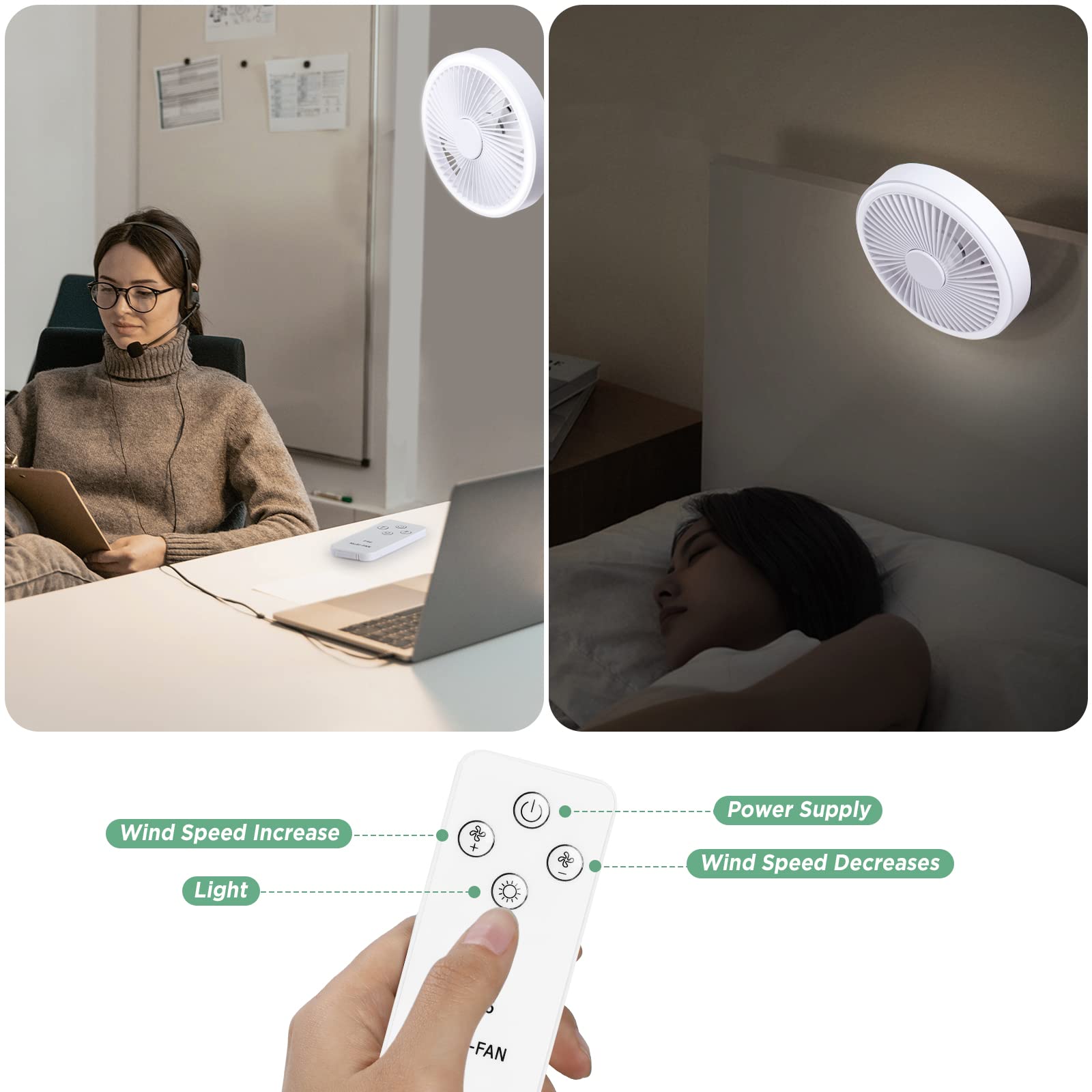 Ventilatore da Tavolo,GeeRic Ventilatore da Soffitto con Luce+Telecomando Silenzio Appeso Pieghevole 270°Regolabile 3 Marcia Velocità/2 Luce Potente 4000 mAh Tenda Ventilatore a Ufficio Viaggio Bianco
