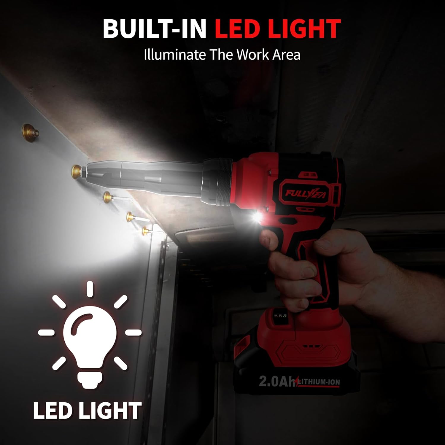 Electric Rivet Gun, Cordless Rivet Gun with 2 Pack Batteries and Fast Charger, Brushless Motor Rivet Gun Tool, Led Light, Automatic Power Rivet Gun Kit for 3 Size (1/8", 5/32", 3/16") Rivets