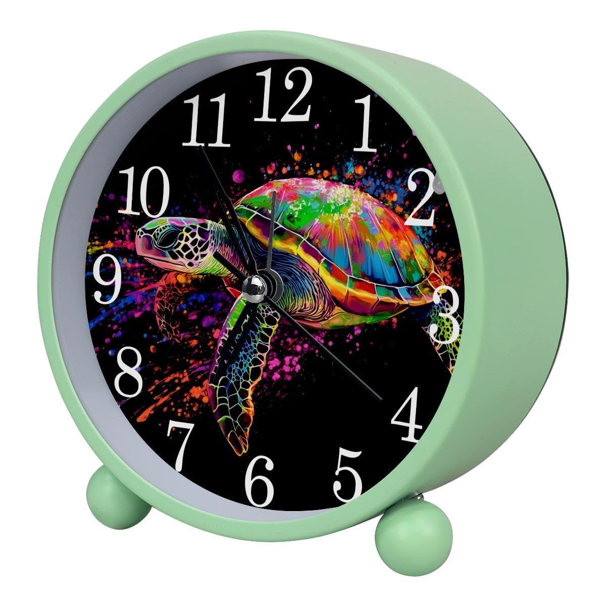 Luoweisi Alarm Clock Splash Turtle, Silent Non-Ticking with Night Light, Round Metal Alarm Clock for Office, Battery Operated, Bedroom, Elderly, Adults, Children, Student Gifts