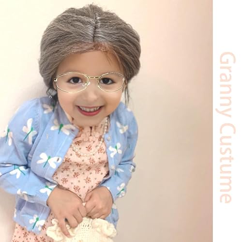 Miniatura 4 de Joizomou Disfraz de anciana para niños, niñas y mujeres, peluca de anciana, disfraz de abuelita para ancianos, disfraz de 100 días de escuela