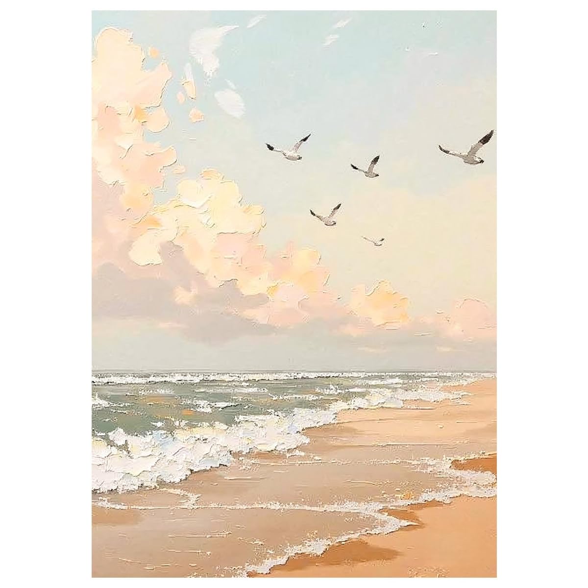 LCDIUDIU Hand Painted Textured Beach Canvas Art Blue Sky Clouds Beach Seagull Landscape Oil Painting Unframed On Canvas Modern Artwork Wall Decor for Living Room Bedroom 50X70Cm(20X28Inch)