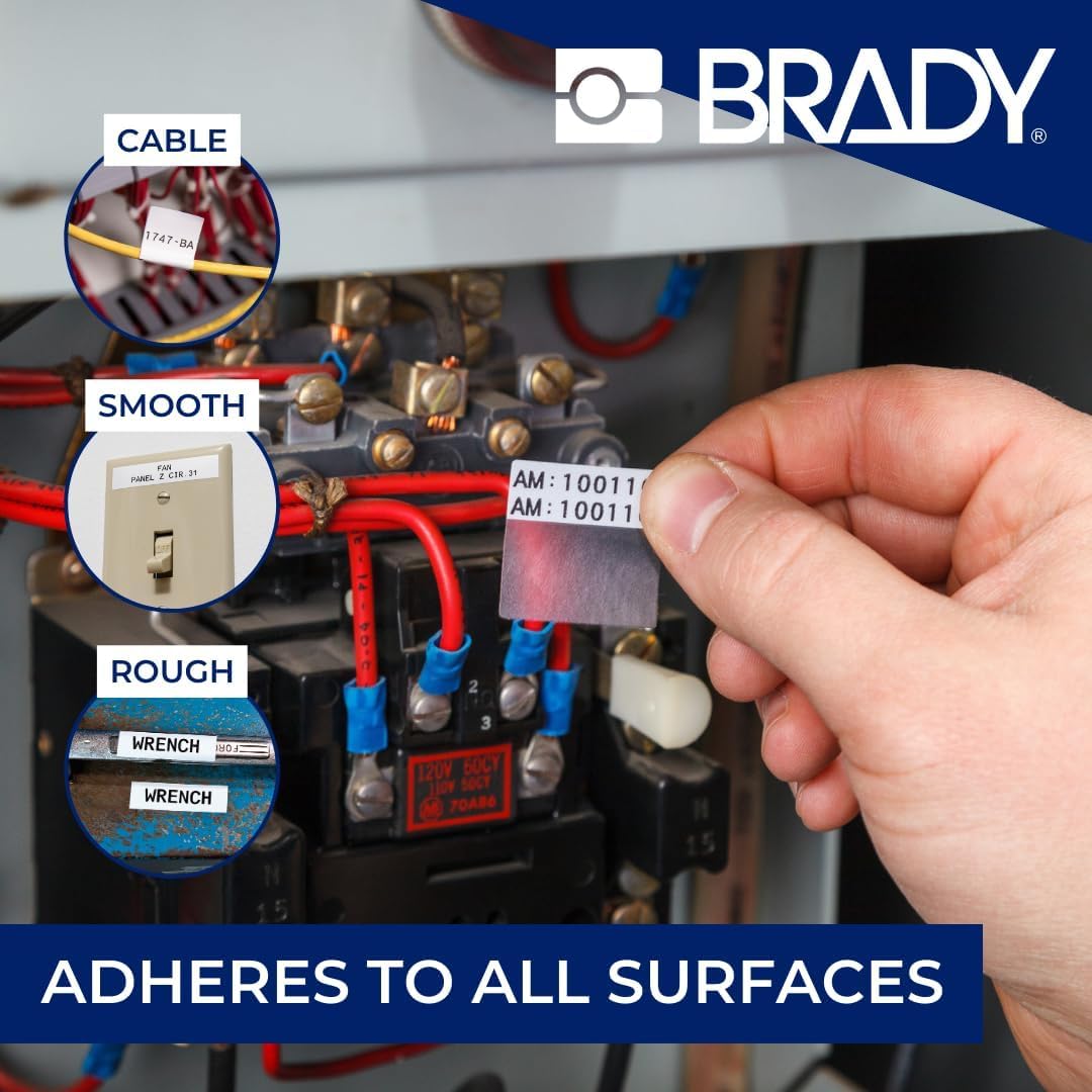 Brady Selbstlaminierendes Vinyl-Vorgefertigte Etiketten für Etikettendrucker BMP51/BMP53/M511-80 Klebeetiketten - Schwarz auf Weiß, Transparent (38,10 mm (B) x 63,50 mm (H)) - M5-116-427