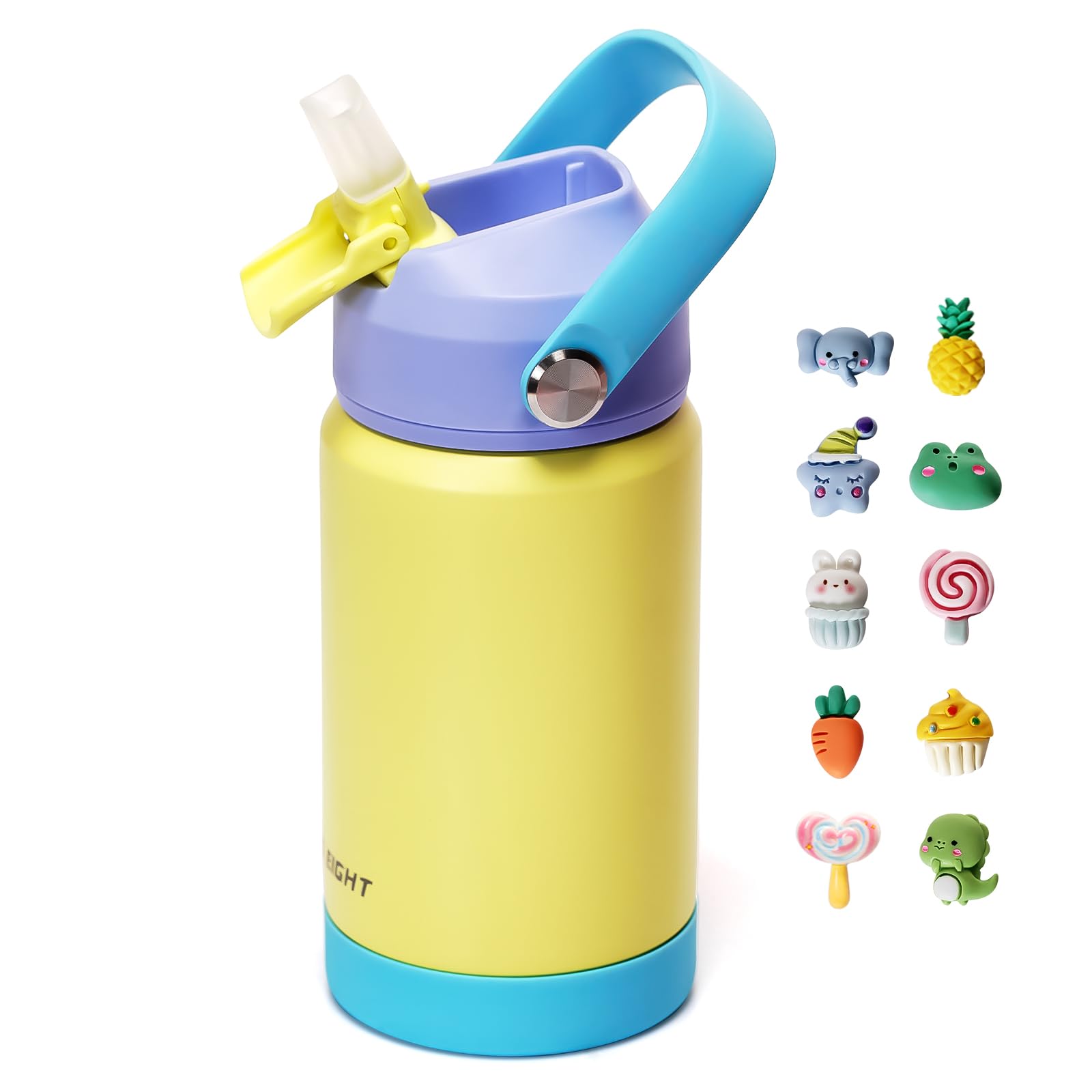 pluseight Kids Insulated Water Bottle with Straw Lid, 350ml BPA-Free Double Wall Vacuum Tumbler 18/8 Stainless Steel Leak Proof Kids Cups with Straw for School Travel Boys Girls (Yellow)