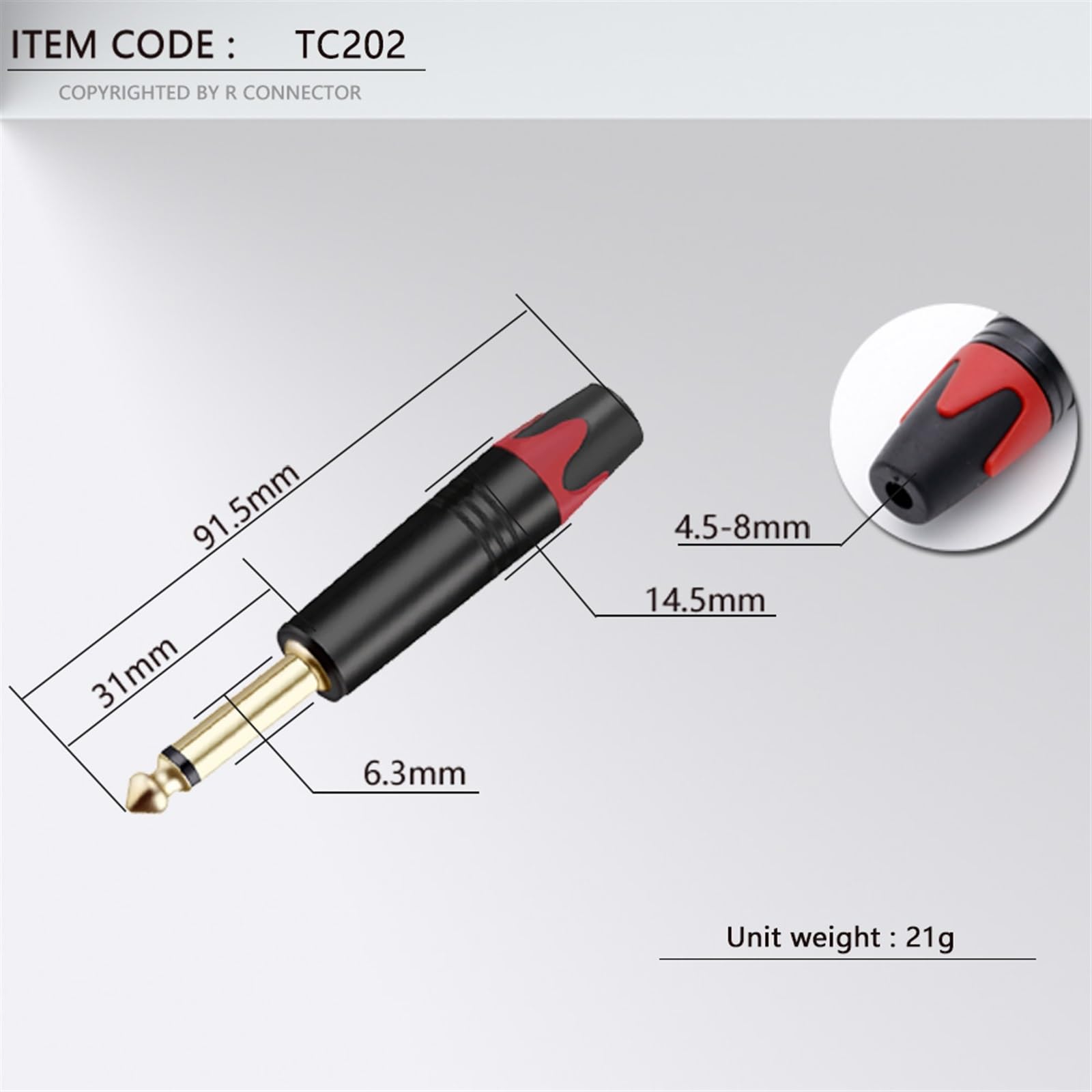 Connettore mono jack da 6,35 mm, connettore maschio da 1/4" e 6,3 mm, connettore per cavo di saldatura, connettore per microfono in ottone, 2 pezzi (1 nero, 1 rosso)