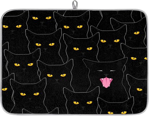 Black Cat Pattern Dish Drying Mat 18x24 Inch Absorbent Reversible Microfiber Dish for Kitchen Coffee Bar Countertop