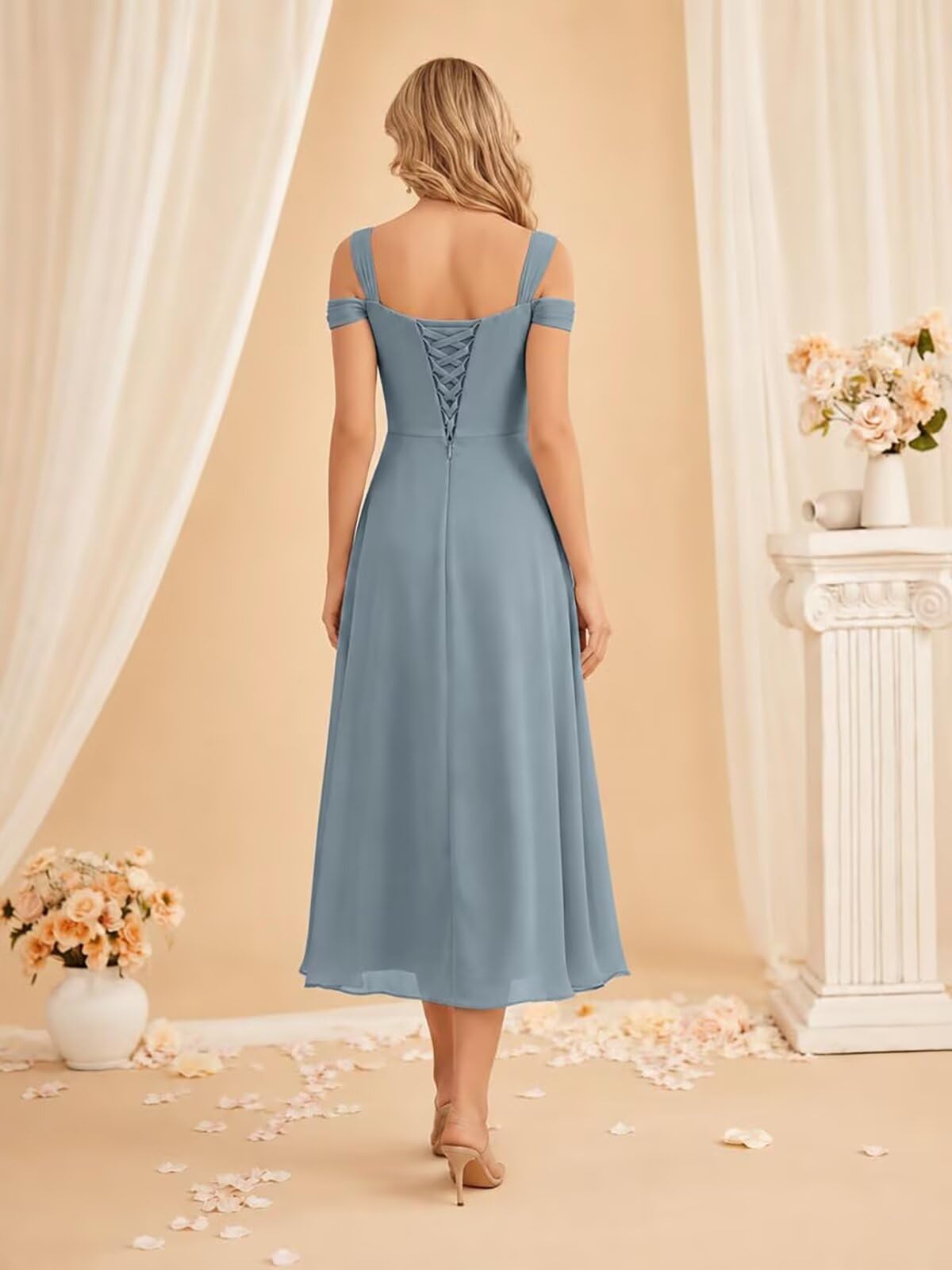 Damen Chiffon Off Shoulder Brautjungfernkleider V-Ausschnitt A-Linie Abendkleider Lang Spaghettiträger Ballkleider