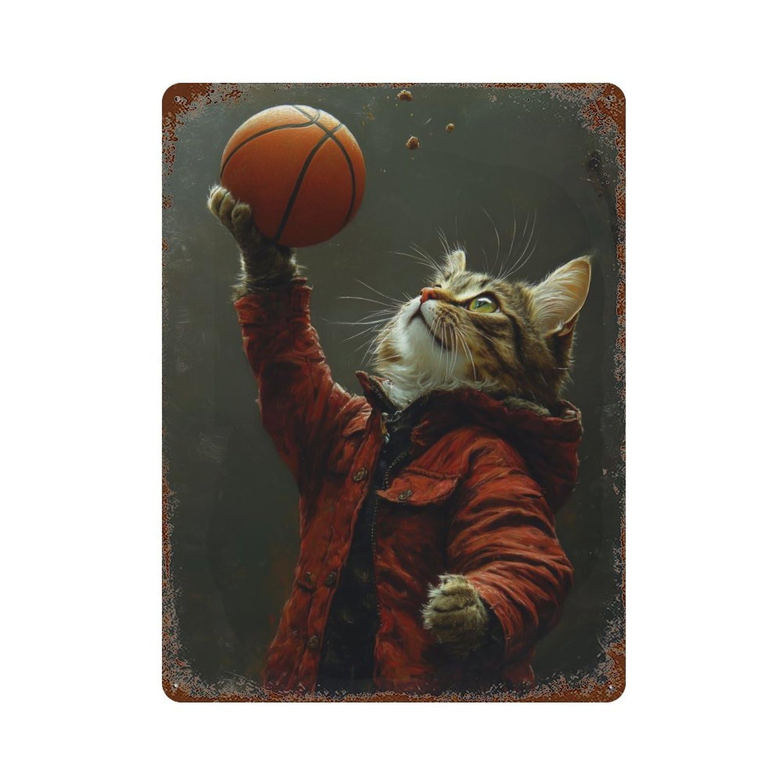 Cat with Basketball Rustic Tin Plaque 15.7"x11.8", for Shed, Workshop And Garage Wall Decor, Shabby Chic Decor