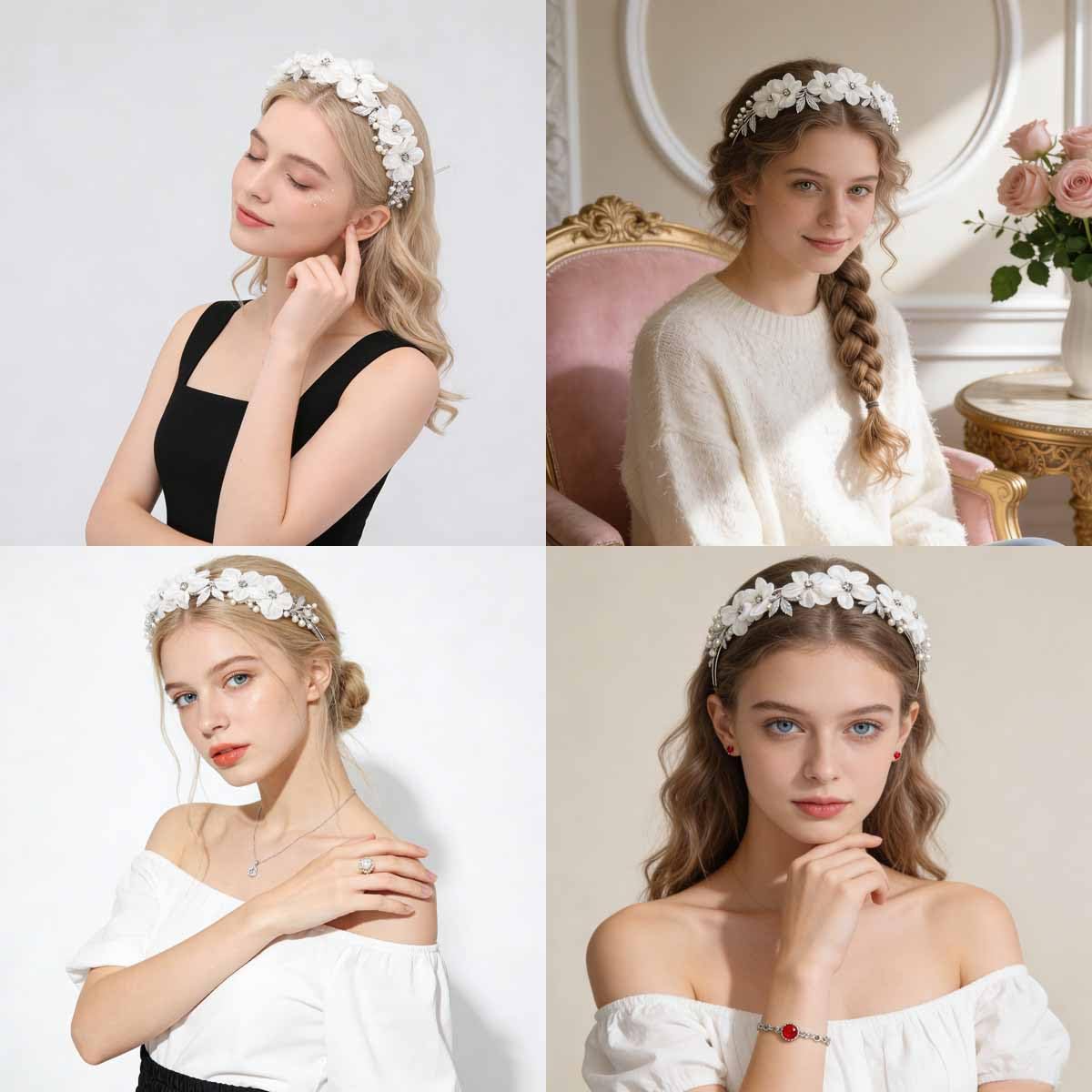 White Tulle Flower Headband Flower Women Girl Headpiece Rhinestones Wedding Flower Headband Princess Crystal Pearl Hair Accessories for Wedding Birthday Party First Communion Tiara - Image 7