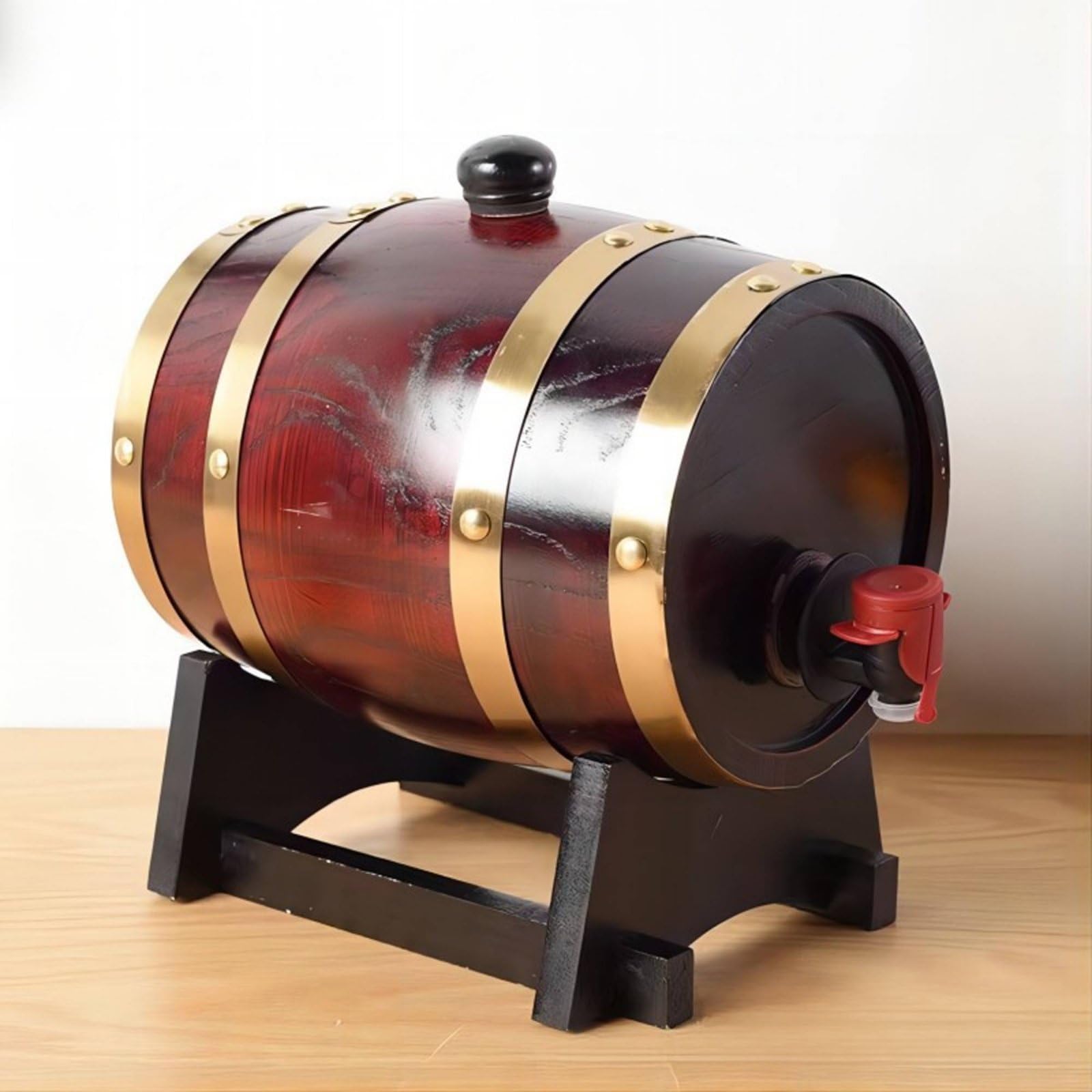 Baoblaze Botte da Vino Botte Botte di Liquore Barile di Legno con Rubinetto in Legno Duro per Conservazione E Servizio Finitura Liscia con Cerchi in Metallo E, Rosso Vino, 5L