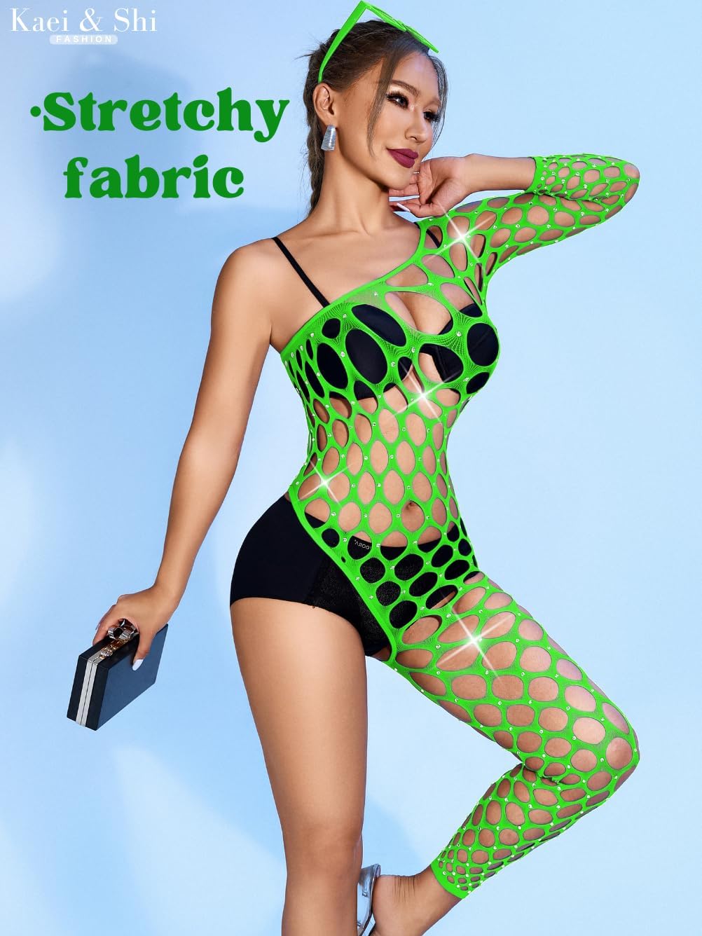Kaei&Shi Rhinestone Fishnet Bodysuit,One Shoulder Sheer Mesh Jumpsuit,Exotic Dancewear,Sexy Glitter Rave Outfits For Women - Image 5