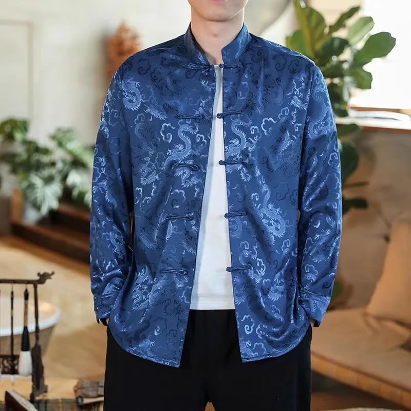 Men Satin Mandarin Collar Silk Shirts Collar Chinese Dress Shirt Large Size with Dragon Red Year Clothes2