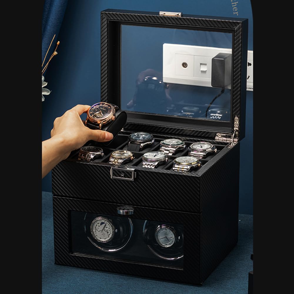 HEYOUTH Carica Orologi Automatici,Scatola del Tempo per Orologi,Orologi Ultra-Silenzioso Watch Winder Con Luce a LED, Con Scomparti Extra Per Orologi
