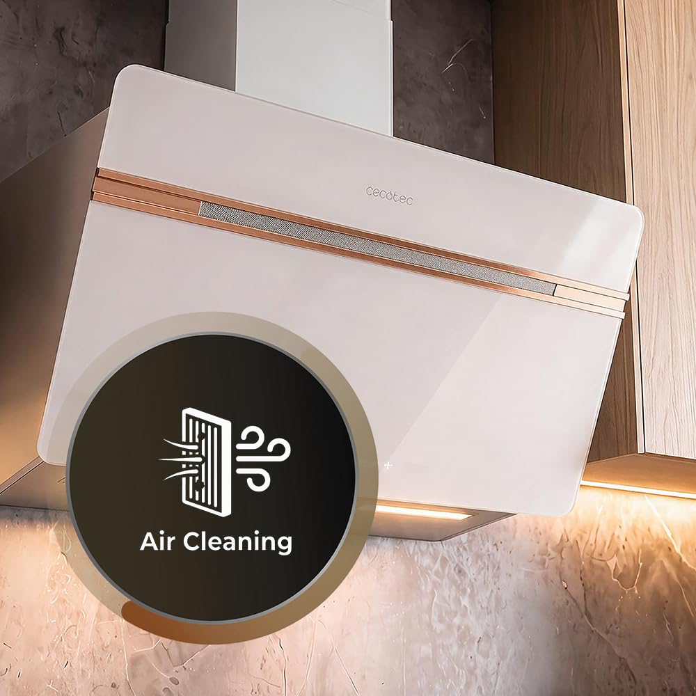 Cecotec Okap dekoracyjny 60 cm Bolero Flux DT 607500 Matt White A+++. Matowe i błyszczące szkło z miedzianymi detalami, ssanie 717,2 m³/h, funkcja wzmacniacza, filtry aluminiowe, klasa A+++