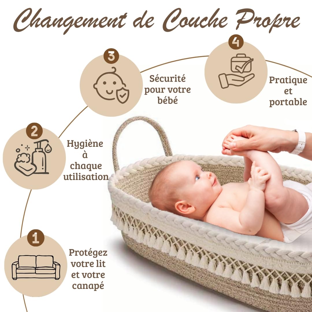 SEBRAM Panier à Langer Bébé – Matelas à Langer Portable et Imperméable, Panier de Change Tissé, Style Bohème Chic pour Table à Langer et Commode (Beige)