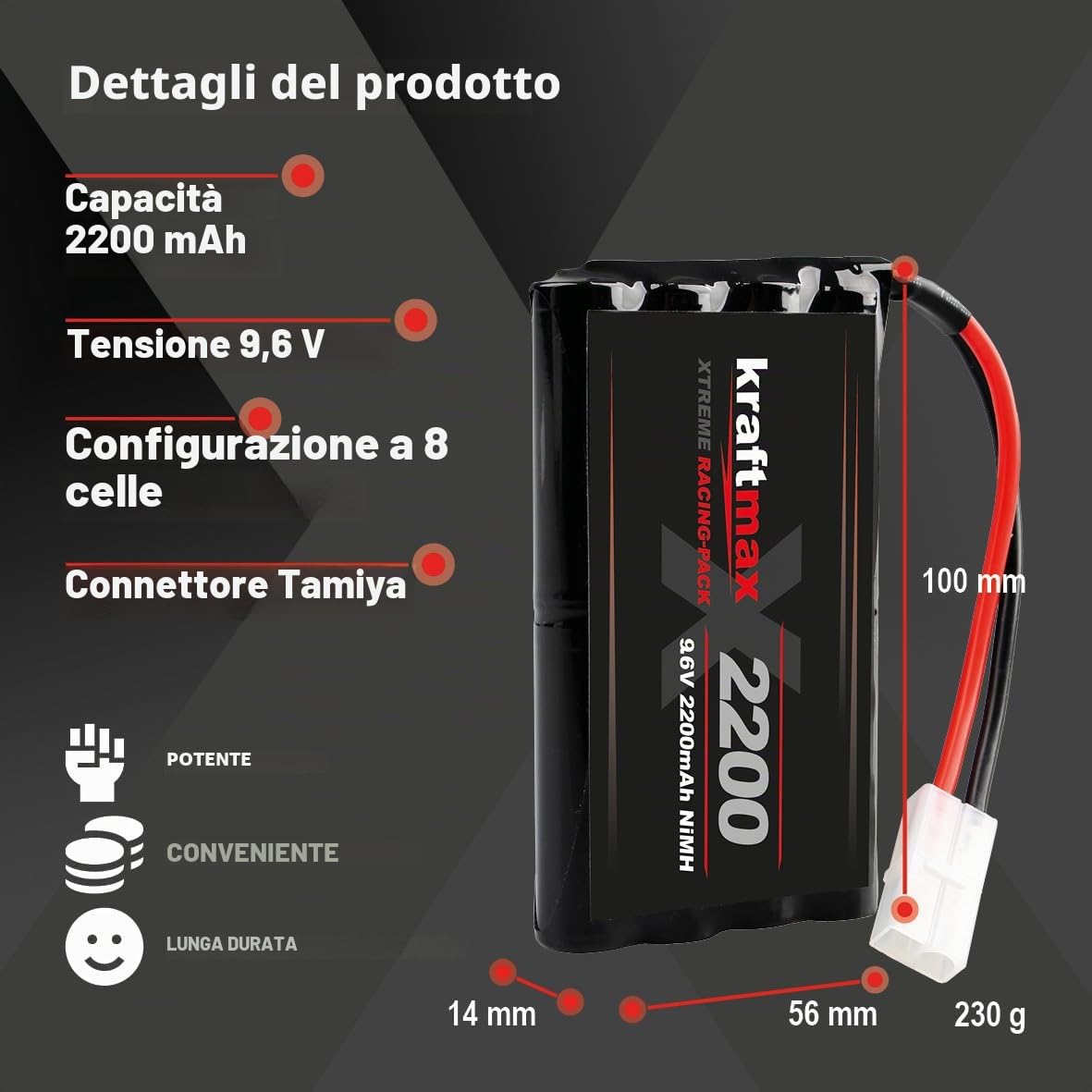Kraftmax Batteria Racing Pack con spina Tamiya – 9,6 V/2200 mAh (min 2000 mAh) NiMH/batteria RC ad alte prestazioni