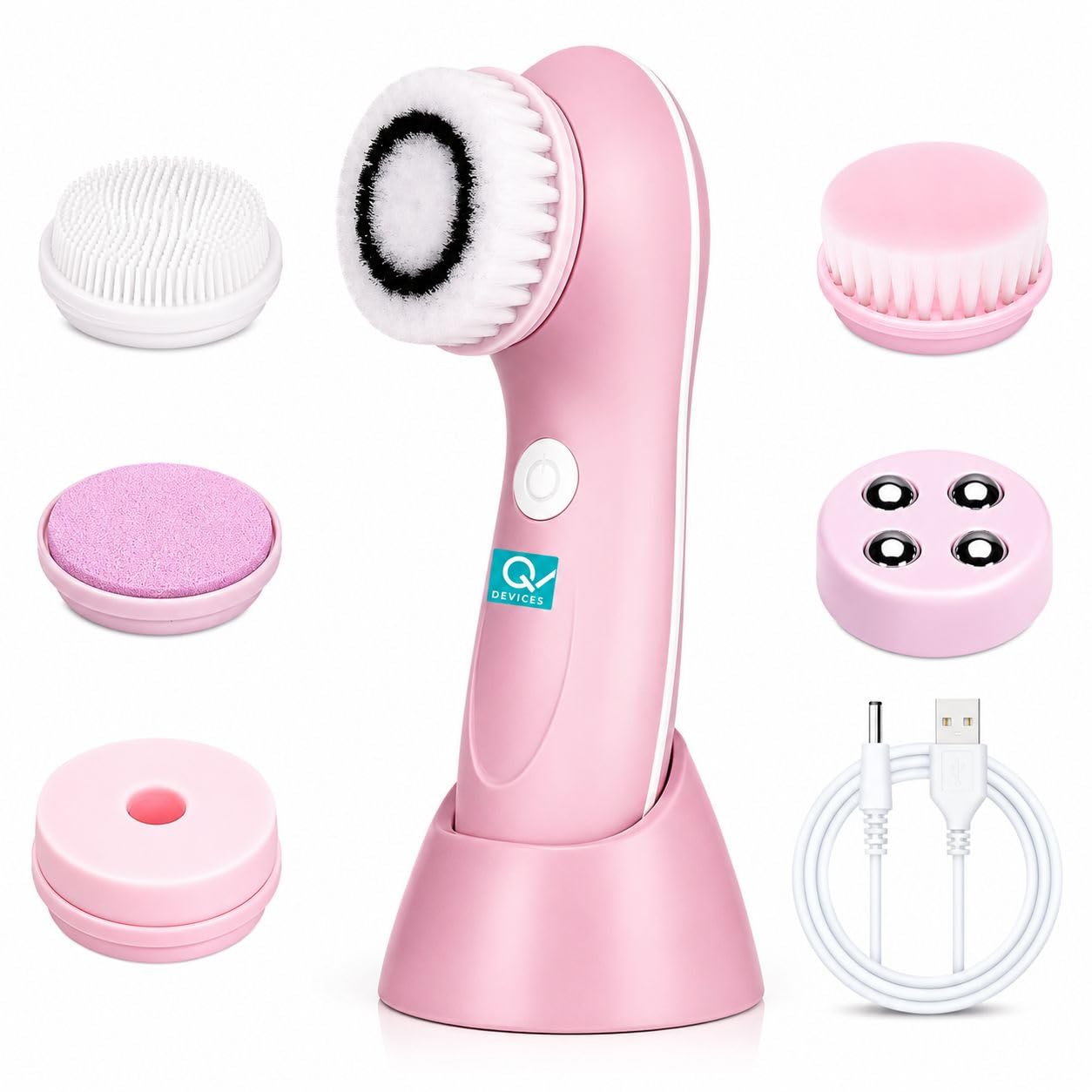 Q DEVICES 6-in-1 Facial Cleanser & Massager – Waterproof, Rechargeable Spin Brush Set with 6 Heads for Deep Cleansing, Exfoliation & Relaxing Face Massage – Pink-image-46