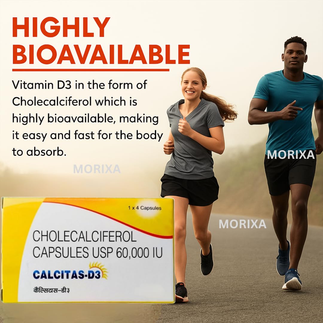 MORIXA Calcitas D3 Capsule | Vitamin D3 60000 IU Cholecalciferol Supplement | Supports Bone, Teeth, Muscle & Immunity Health | 5 Strips x 4 Capsules (20 Capsules) 4