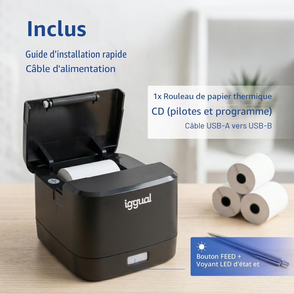 iggual Imprimante thermique de tickets TP Easy 58 - Connexion USB + RJ11, 58 mm d'impression, vitesse 90 mm/s, 203 x 203 dpi, Windows 11/10/8/7/Vista/XP/2000/JPOS/Linux, SDK Android, iOS, Windows (139
