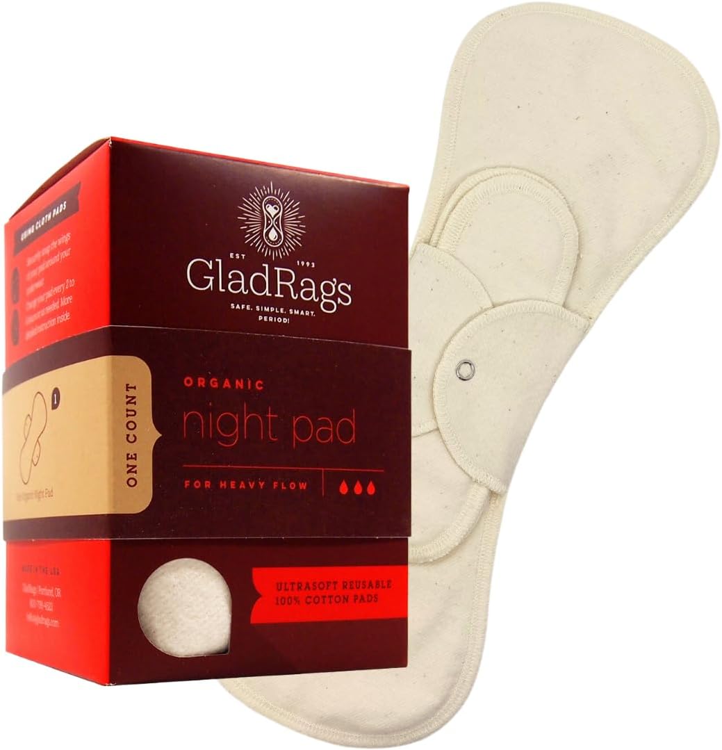 GladRags Natural Organic Undyed Cotton Reusable Night Pad (1-Pack) - 100% GOTS Certified Organic Menstrual Pad, Postpartum Pad, Heavy Flow Period Pads, Washing Machine Safe